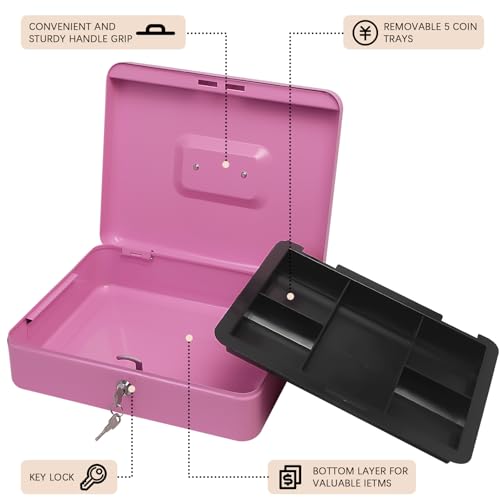 Steel Cash Box with Key Lock, Metal Small Money Organizer with Money Tray,Cash Storage Box with Lockable Cover (Pink - 11.8" x 9.4" x 3.5") - color: Pink - 11.8" x 9.4" x 3.5"