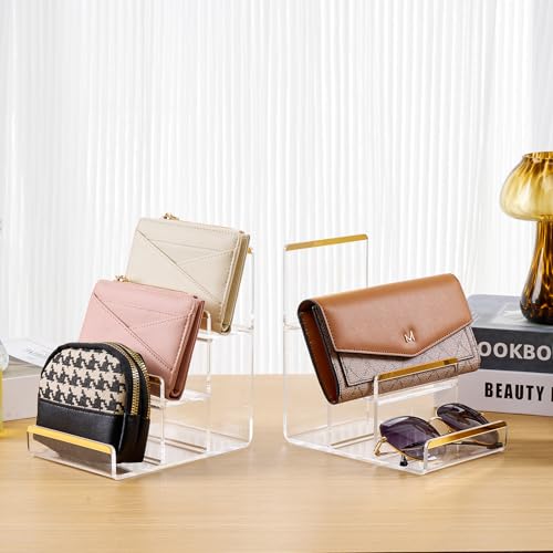 2 Pack 3-Tier Acrylic Wallet Display Stands, Gold Trim Purse Display Stand - size: 3 Tier (2 Pack)