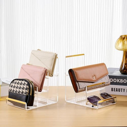 2 Pack 3-Tier Acrylic Wallet Display Stands, Gold Trim Purse Display Stand - size: 3 Tier (2 Pack)