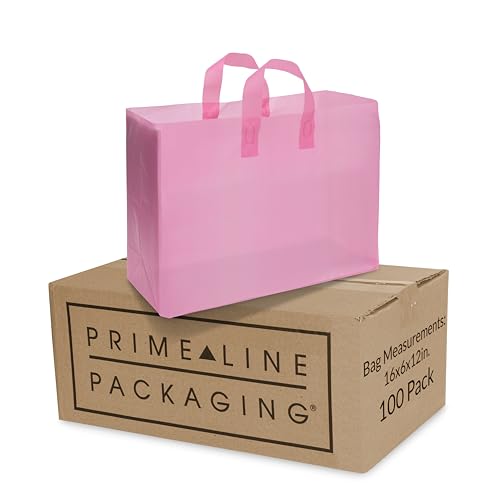 Prime Line Packaging Pink Bags with Handles, Frosted Bags, 16x6x12, 100 Ct