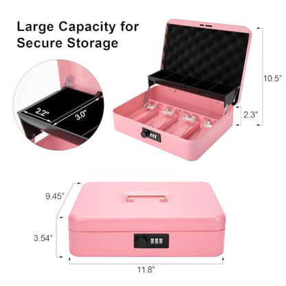 Jssmst Metal Cash Box with Money Tray and Lock, Portable Cash Drawer, 11.8" - color: Pink Code-A