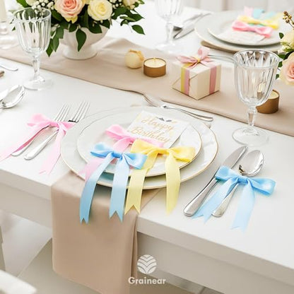 50 Pcs Light Blue Bows, 5" x 7" (1" Wide), with Twist Ties & Adhesive Dots - color: Light Blue, size: 5 x 7 Inch (1" Wide)