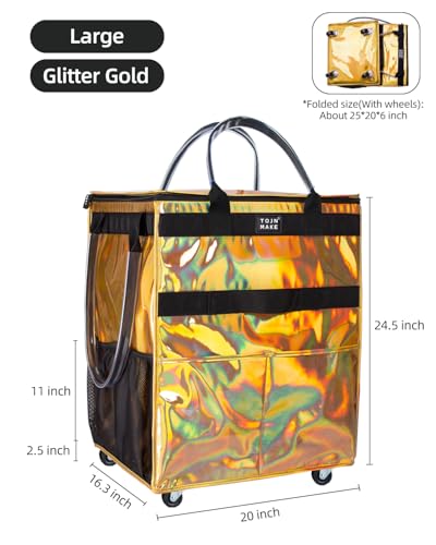 Reusable Grocery Bag with Wheels, Large Glitter Gold Rolling Tote - color: Glitter Gold, size: Large