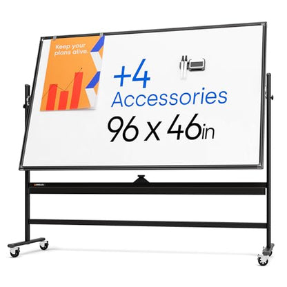Kamelleo Rolling Whiteboard on Wheels 96" x 46", Double Sided White Board - color: Jet Black, size: 96x46