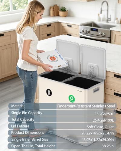 Dual Trash and Recycling Bins for Kitchen,2*13.2 Gal Dual Trash Can,Apricot - color: Apricot, size: 2 * 13.2 Gallon