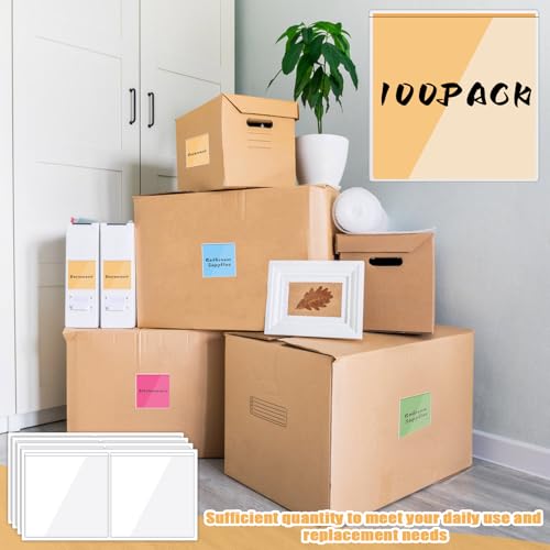 100 Packs Adhesive Label Storage Bin Pockets Clear Plastic Index Card Pockets Sleeves Adhesive Pouches Card Holders with Top Opening for Storage Bins, Library, Office (3.5 x 3.5 inches) - size: 3.5 x 3.5 inches