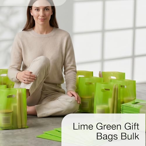 100 Lime Green Plastic Bags With Handles 12x15 Merchandise Bags - color: Lime Green