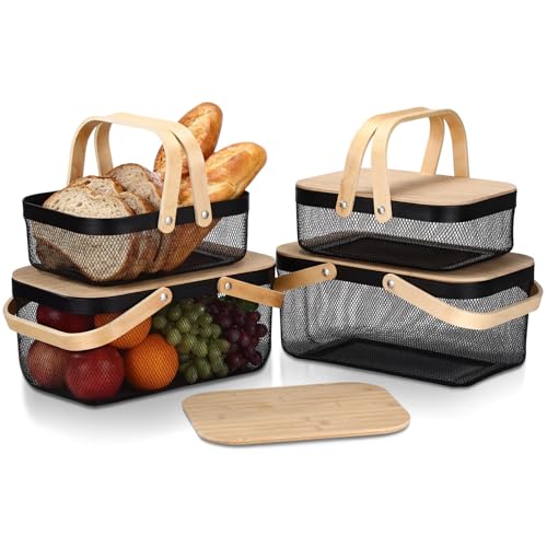 Jingmore 4 Pcs Black Metal Mesh Baskets with Lid, 12 Inch x 2, 16 Inch x 2 - color: Black, size: 16 Inch, 13 Inch