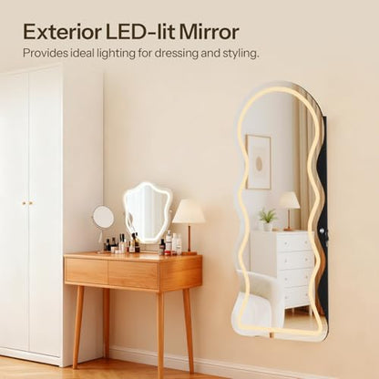 HOOBRO LED Mirror Jewelry Cabinet, Wall/Door Mounted Jewelry Organizer - color: Black