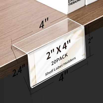 20 Pack Acrylic Rigid Shelf Label Holders, Lying Down or Sticking