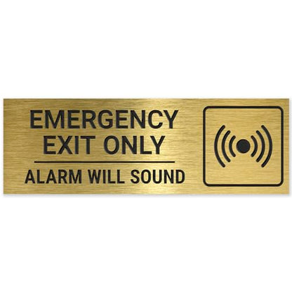 Emergency Exit Only Alarm Will Sound Sign, Engraved, - color: Gold, size: 3x9