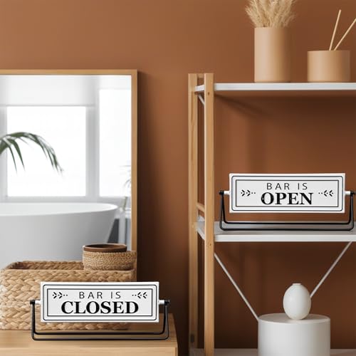 Swivel Bar is Open Closed Sign, Handmade Metal Tabletop Decor for Kitchen or Office Coffee Bar Decor with Black Stand and Embossed Letters
