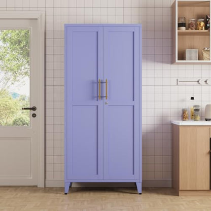 61" Tall Purple Lockable Metal Storage Cabinet, Farmhouse Pantry Cabinet with 2 Square-Pattern Doors & 3 Adjustable Shelves, Freestanding Cupboard with Legs for Home, Office, Laundry, Entryway - color: Lilac, style: Cabinet-61"H-DL