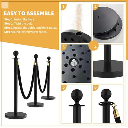 4Pcs Stanchions Post and Velvet Ropes, Crowd Control Barriers with Weighted Base, Red Carpet Runner Poles, Retractable Safety Barriers for Party, Wedding, Theater, Event, Hotel - color: Black, size: without Red Carpet