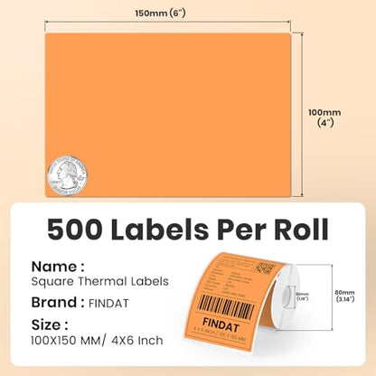 Direct Thermal Label Orange Vinyl 4 x 6 Inch Printer Sticker 250 PCS - color: Orange