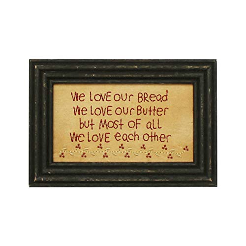 CVHOMEDECO. Primitives Antique 'We Love Our Bread, Our Butter, But Most of All Each Other' Stitchery Frame Wall Mounted Hanging Decor Art, 9 x 6 Inch - color: We Love Our Bread, We Love Our Butter, But Most of All We Love Each Other