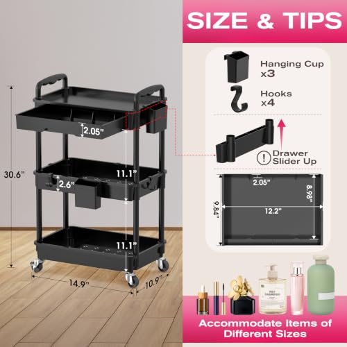 Goovilla Rolling Makeup Organizer Cart with Removable Drawer, 3 Tier Black - color: Black, size: 3 Tier
