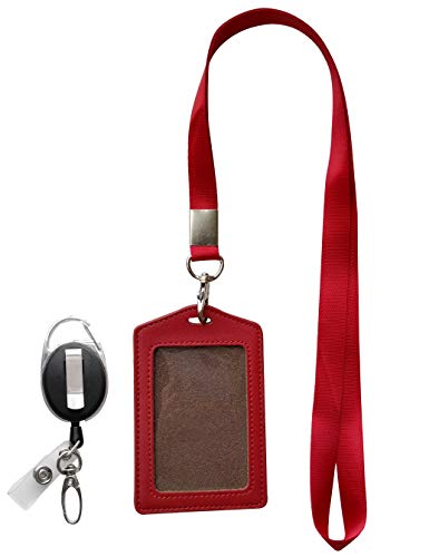 ID Card Case + Heavy Duty Lanyard (Red)+ Badge Holder Retractable Reel Carabiner and Plastic Clip (Soft Genuine Leather Case) - color: Red