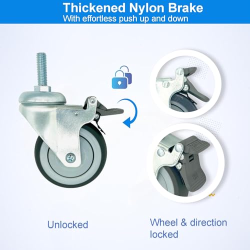 4 inch Swivel Caster Wheels Heavy Duty with Nylon Brake, 3/8"-16x1 Threaded Stem Casters Set of 4, TPR Rubber Wheels for Hospital, Lab, Furnitures,Restaurant - color: Grey TPR, size: 3/8"-16x1", style: 4 PA brake