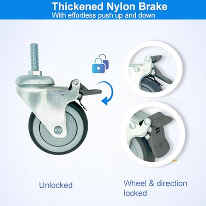 4 inch Swivel Caster Wheels Heavy Duty with Nylon Brake, 3/8"-16x1 Threaded Stem Casters Set of 4, TPR Rubber Wheels for Hospital, Lab, Furnitures,Restaurant - color: Grey TPR, size: 3/8"-16x1", style: 4 PA brake