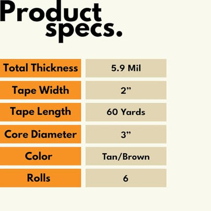 PSBM Flatback Kraft/Brown Packing Tape, 6 Rolls, 5.9 Mil Thick, 2 Inch Wide, 60 Yards Per Roll, Total 360 Yards for Packaging, Shipping, Moving & Sealing - size: 2 Inch x 60 Yards, style: 6 Rolls