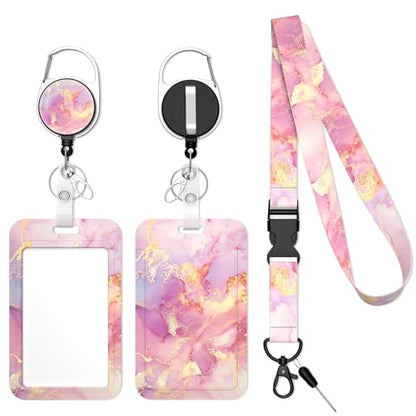 Retractable Badge Holder with Detachable Lanyard, Pink Marble - color: Pink Marble