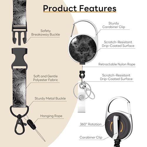 Retractable Badge Holder with Detachable Lanyard, Black Waves - color: Black Waves