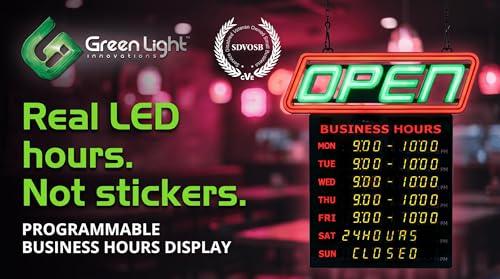 LED Open Sign for Business with Programmable Business Hours — Green Light Innovations Bluetooth App, 4,000+ Color Combos, Flash/Scroll/Neon Modes, 100,000-Hr LEDs, 3-Year Warranty, 15×16.5 in - size: 15 x 16.5 inches