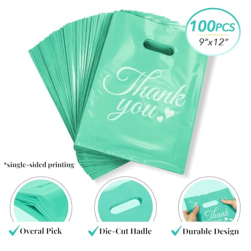 SwiftJoys 100 Count Teal Thank You Bags with Handles, 9 x 12 Inch - color: 06-Teal TY, size: 9"x12"