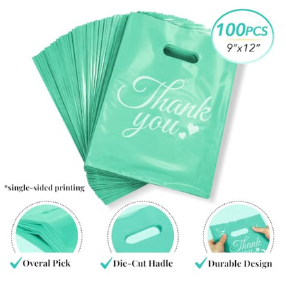 SwiftJoys 100 Count Teal Thank You Bags with Handles, 9 x 12 Inch - color: 06-Teal TY, size: 9"x12"