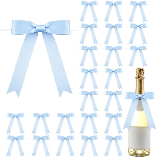Riceshoot 24 Pcs Baby Blue Satin Ribbon Bows Twist Tie 5x7'' for Gift - color: Baby Blue