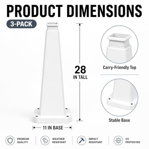 BESEA 3 Pack 28 Inch White Traffic Cones with Weighted Base - color: White, size: 28INCH