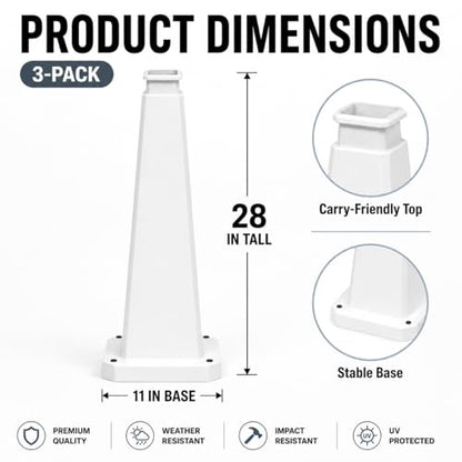 BESEA 3 Pack 28 Inch White Traffic Cones with Weighted Base - color: White, size: 28INCH