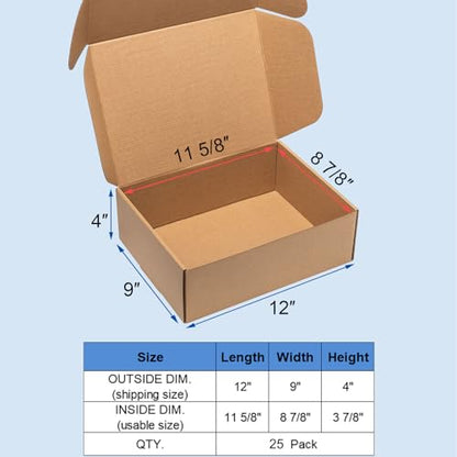 Wowxyz Shipping Boxes 12x9x4 Inch 25 Pack Corrugated Cardboard Mailer Brown - size: 12x9x4"