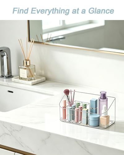 Makeup Tray Holder Organizer Cosmetic Display Case Tabletop Desktop Vanity Countertop Bathroom Wall Cabinet Medicine Storage Box 9 Dividers 2 Removable Women Ladies Girls Gifts Crystal Clear 1 PACK - color: Crystal Clear