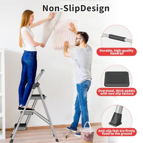 3 Step Ladder, Folding Step Stool with Anti-Slip Wide Pedal, Soft Handle, Anti-Slip Feet, Sturdiest Steel Construction, 900lbs Capacity Steel Ladder for Home and Office - color: Gray Dark, size: 3 Step