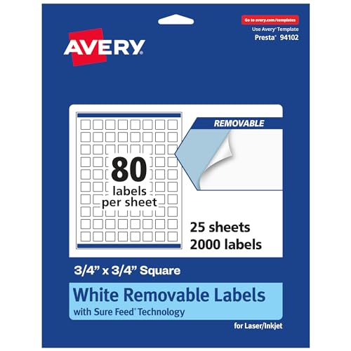 Avery® Matte White Removable Square Labels, Sure Feed® Technology, Print-to-The-Edge, 3/4" x 3/4", 2,000 Removable Labels, Laser/Inkjet Printable - style: 2,000 labels