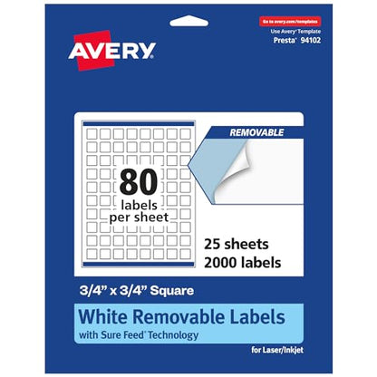 Avery® Matte White Removable Square Labels, Sure Feed® Technology, Print-to-The-Edge, 3/4" x 3/4", 2,000 Removable Labels, Laser/Inkjet Printable - style: 2,000 labels