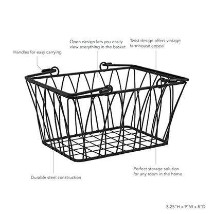 Spectrum Small Wire Basket with Handles Black Farmhouse Basket Organizer for Kitchen Bathroom Laundry Pantry Shelf Organization, Sturdy Twist Wire Metal Basket with Handle for Gifts or Storage - size: Small