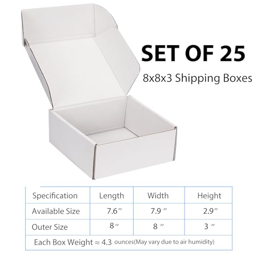 8x8x3 White Shipping Boxes for Small Business, Packing, 25 Pack - color: White, size: 8x8x3 Inch