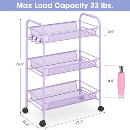 TOOLF 3 Tier Rolling Cart, Metal Utility Storage Cart with Wheels, Purple - color: Purple, size: 3-Tier