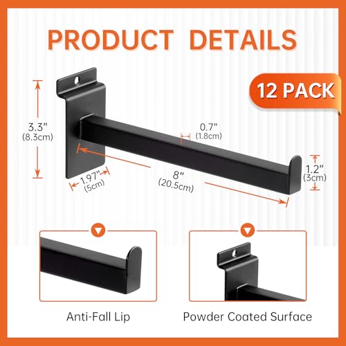 8 Inch Square Tubing Slatwall Shelf Bracket , Heavy Duty Slat Wall Floating Shelf Bracket with Lip, Slatwall Accessories for Retail Display,Garage (12Pcs, Black) - size: 8 Inch