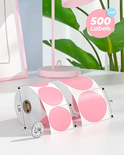 MUNBYN 3 Inch Pink Circle Thermal Labels for Business, 500 Sheets/1 Roll - color: Pink, size: 3inch