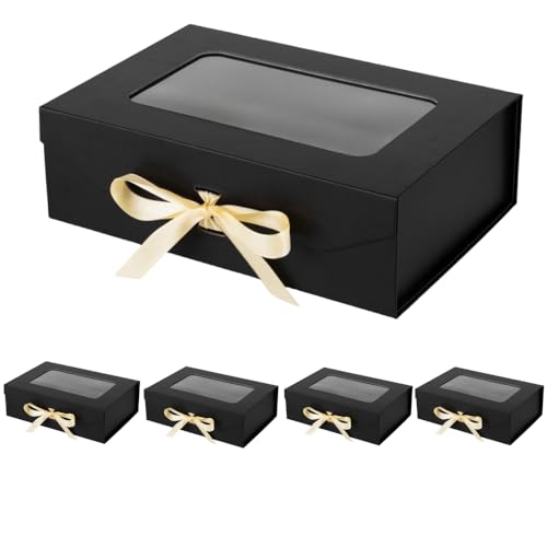 5 Pcs Black Gift Box for Presents with Ribbon 10.8x7.5x3.5 Inches Clear Gift Box with Window Magnetic Closure Gift Boxes with Lids - color: Black-10.8x7.5x3.5 Inches (Pack of 5)