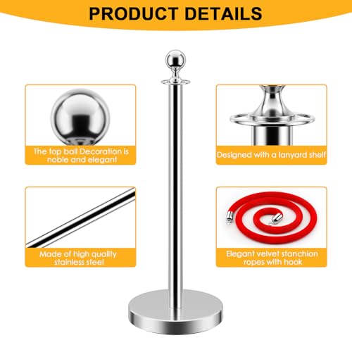 LOVMOR Crowd Control Stanchion, 12Pcs Silver Stanchion Posts Queue with 8pcs 5 ft/1.5 m Red Velvet Rope, Rope Barriers Crowd Control Barriers Queue Line for Hotel Theater Party Supplies - color: Silver-12pack