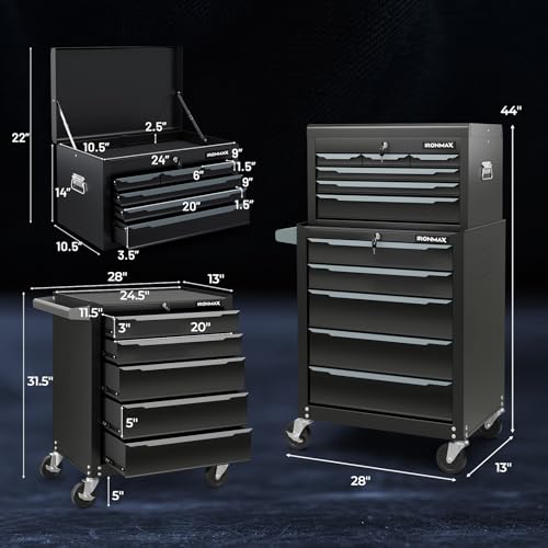Goplus Rolling Steel Tool Chest, 11-Drawer Heavy-Duty Tool Storage Cabinet with Hanging Holes, Central Keyed Locking System, Ball-Bearing Slides & Lockable Wheels, Tool Box Organizer for Garage - style: Tool Box + Chest