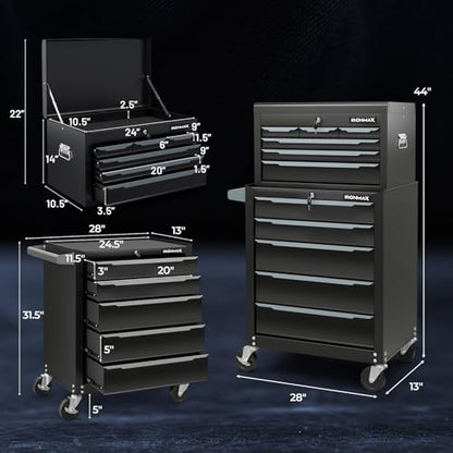 Goplus Rolling Steel Tool Chest, 11-Drawer Heavy-Duty Tool Storage Cabinet with Hanging Holes, Central Keyed Locking System, Ball-Bearing Slides & Lockable Wheels, Tool Box Organizer for Garage - style: Tool Box + Chest