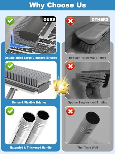 Floor Scrub Brush with Long Handle, 4 in 1 Shower Scrubber with Floor Squeegee and Heavy-Duty Stiff Bristle Push Broom for Cleaning Shower Bathroom Patio Pool Kitchen Wall Deck Tile Garage - color: Gray