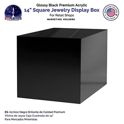 Marketing Holders 14" Acrylic Display Riser Box with One Open Side Versatile Black Square One Piece Retail Merchandise Storage Bin or Product Platform No Assembly - size: 14"w x 14"d x 14"h Black