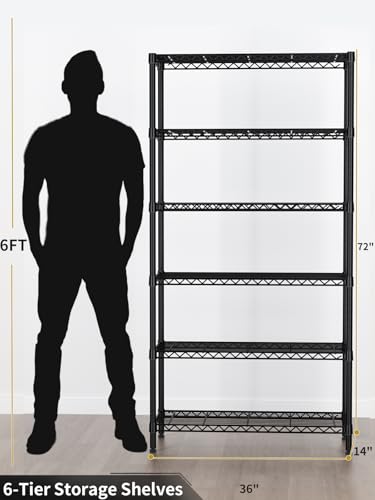 Golpart 6Tier Adjustable Storage Shelves Metal Wire Shelving Standing Shelf - color: Black, size: 6-tier-14"Dx36"Wx72"H